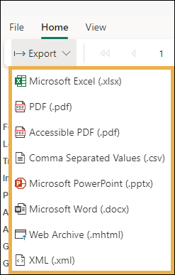 Export drop down menu list of format types.